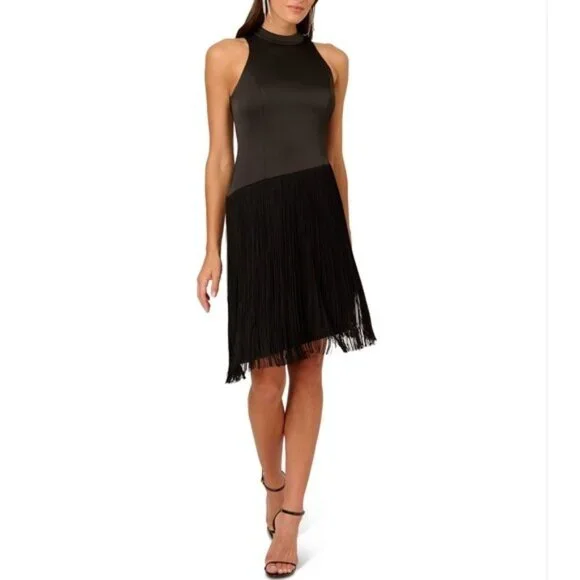 Liv Foster Mock Neck Sleeveless Midi Asymmetrical Fringe Crepe Dress Size 8 New - Picture 1 of 16